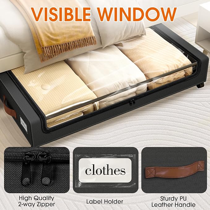 Under Bed Storage with Wheels 3Pack Storage Containers with Clear Window | Under Bed Drawers Rolling Under Bed Storage for Clothes,Shoes, Blankets (30.71 x 16.93 x 6.69 in, Black) - Image 3