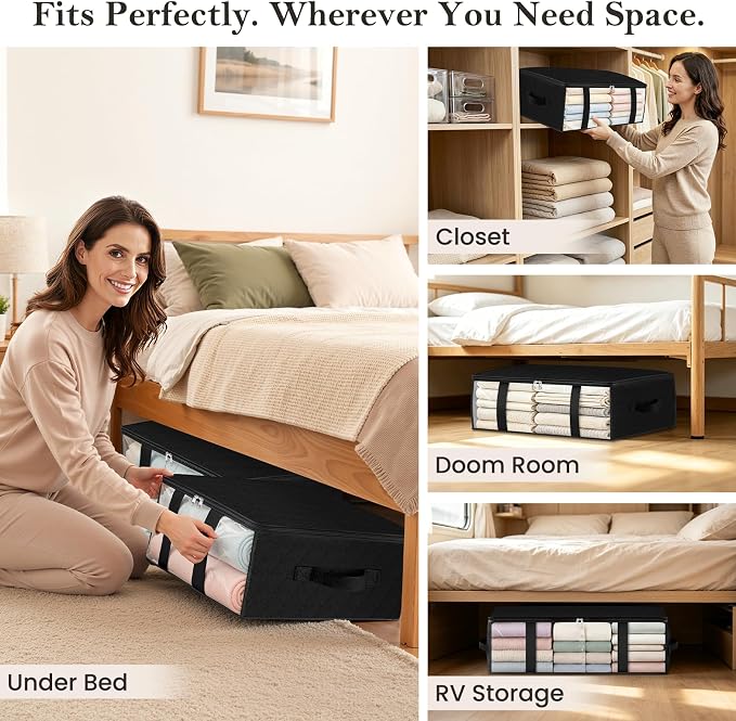 StorageRight Under Bed Storage Bags 4 Pack, 40L Large Clothes & Comforter Storage Containers with Clear Window, Breathable Fabric Organizer for Blankets, Bedding, Seasonal Clothing, Black - Image 6
