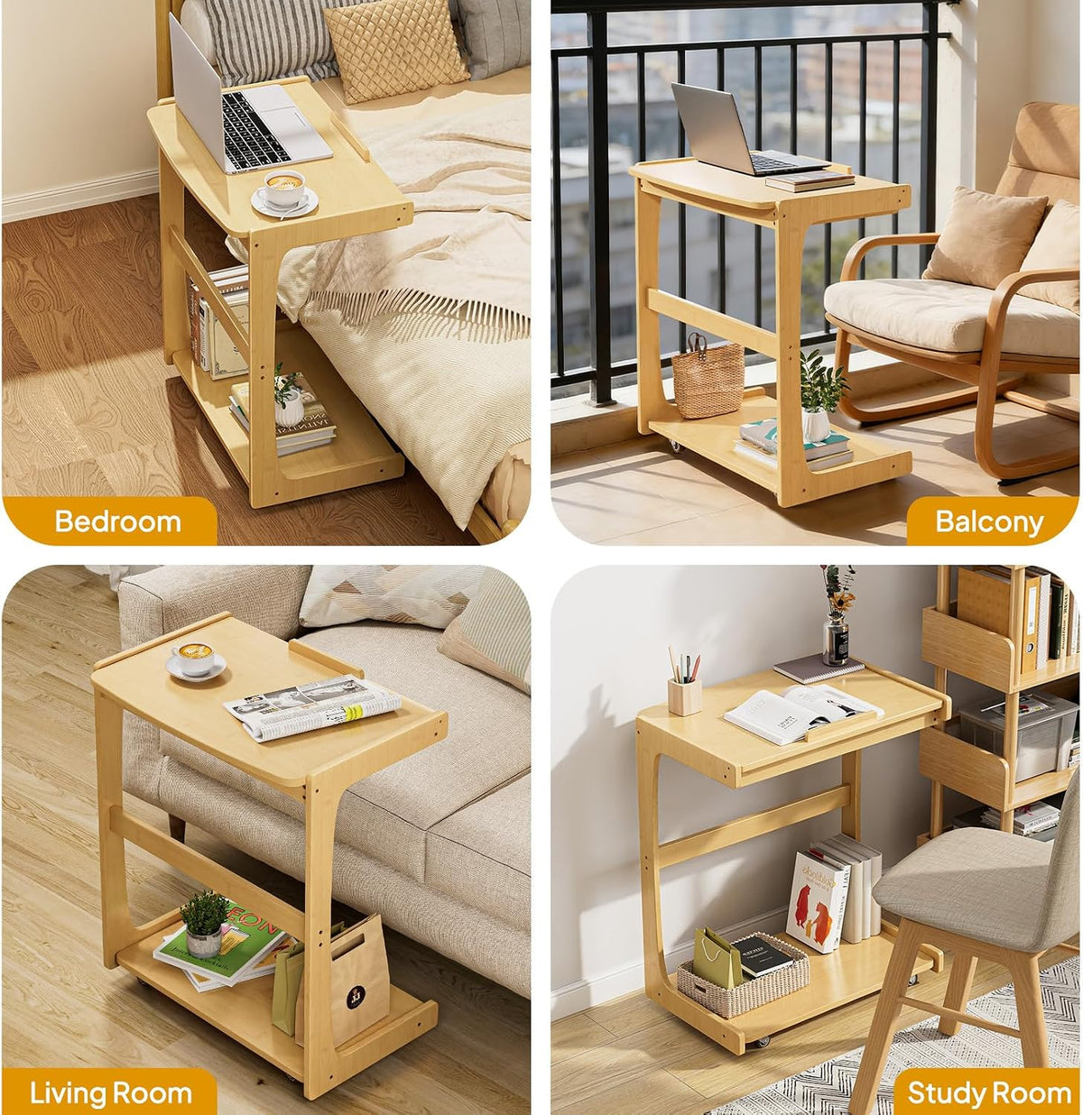 C Shaped Side Table, Rolling Bamboo End Table with Adjustable Tilt Top & Storage Shelf, Small Couch Table with Wheels for Living Room, Bedroom, Natural - Image 4
