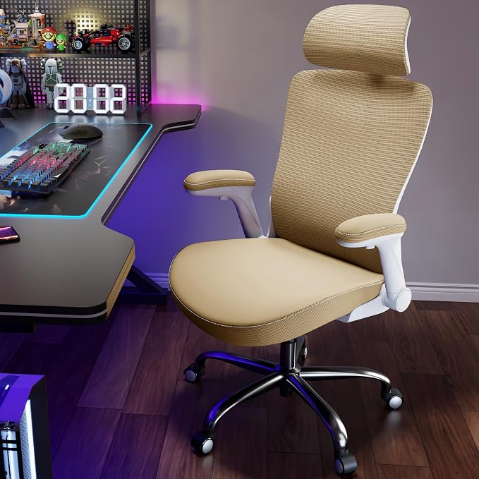 Ergonomic Office Chair:Home Office Desk Chairs with Headrest Lumbar Support | Ergalithic Ergonomic Desk Chair X-Shaped Mesh PU Leather Executive Computer Chair High Back Flip-Up Arms for Long Hour(Khaki) - Image 9