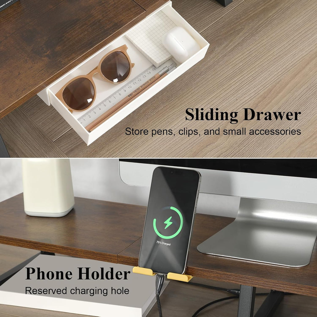 TEAMIX 42 inch Dual Monitor Stand Riser with Storage Drawer for Desk, Brown - Image 3