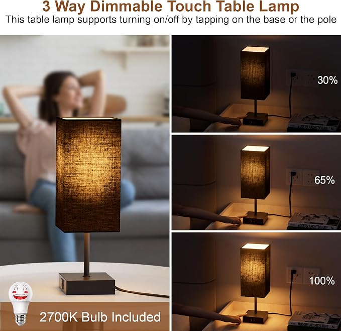 Touch Bedside Table Lamp for Bedroom, 14-Inch, Black, Set of 2 | USB A+C Ports, Touch 3-Way Dimmable LED Bulb Included Fabric Lampshade Metal Base Small Nightstand Lamp for Desk Living Room - Image 2