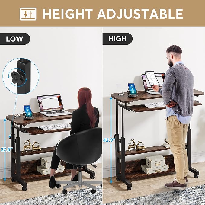Tribesigns Portable Desk with Power Outlets, Height Adjustable Side Table Sofa Couch Bedside Laptop Computer Cart with USB Charging Ports, Mobile Small Standing Desk with Keyboard Tray - Image 6