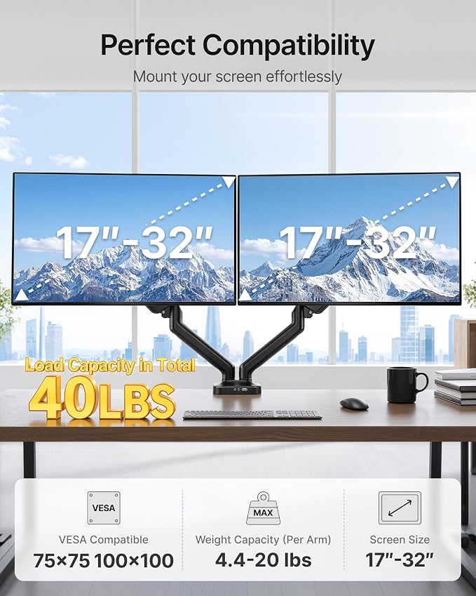 monTEK Dual Monitor Arm with USB Ports for 17-32" Screen up to 19.8 lbs | USB/audio ports for workspace, mechanical spring, full motion for flat/curved screens, clamp/grommet bases and VESA 75/100 - Image 4