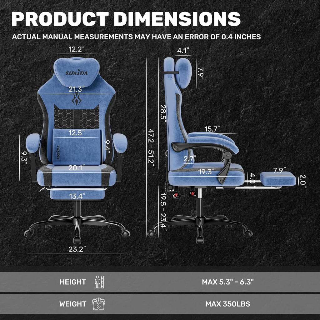 SUKIDA Fabric Video Gaming Chair, Ergonomic High-Back Computer Game Chairs with Large Massage Adjustable Lumbar Support, Headrest and Linked Armrests for Long Hours Sitting Task Chair, Black Blue - Image 3