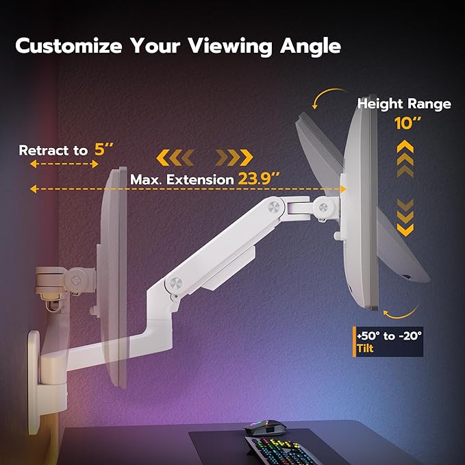 ARES WING Wall Mount Monitor Arm for 17-49 Inch Ultrawide Screens, White | Heavy Duty Single Monitor Arm Holds 44 lbs, Fully Adjustable Gas Spring Monitor Wall Mount, 75x75/100x100 VESA Mount - Image 4