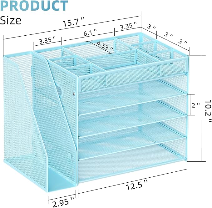 Marbrasse 5-Tier Desk Organizer with File Holder,Paper Letter Tray Organizer,Desktop File Organizer with Adjustable Compartments,Mesh Desk Organizers and Accessories for Office Supplies,Blue - Image 2