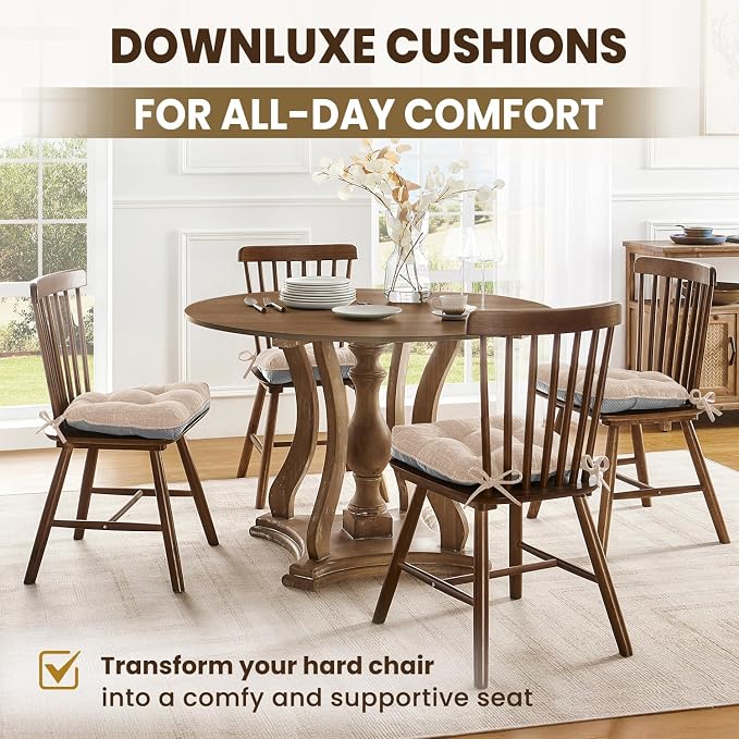 downluxe Indoor Chair Cushions for Dining Chairs, Tufted Overstuffed Textured Foam Kitchen Chair Pads with Ties and Non-Slip Backing, 15.5" x 15.5" x 4", Oatmeal Beige, 6 Pack - Image 6