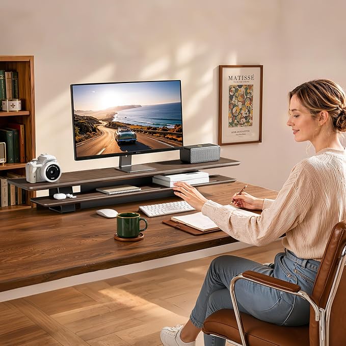 Dual Clamp-On Wooden Monitor Stand, 41.7" 2-Tier Desk Riser Organizer | Monitor Stands Riser for 2 Monitors，Magnetic Back Panel,Fit Computer & Laptops,for Home Office - Image 2