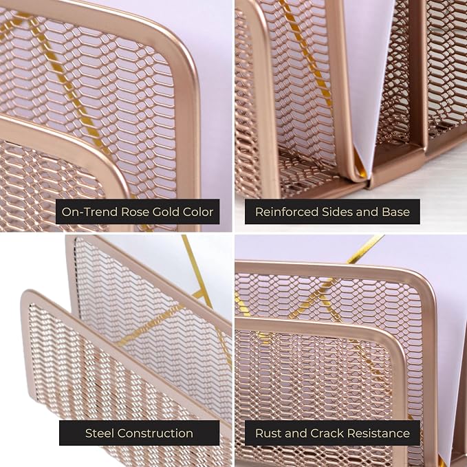 BLU MONACO Rose Gold Metal Mesh Letter Sorter | 3-Slot Vertical Mail Organizer for Desk, Office and Home | Compact Mail Holder for Envelopes, Documents and Files | Modern Desktop Organizer - Image 2