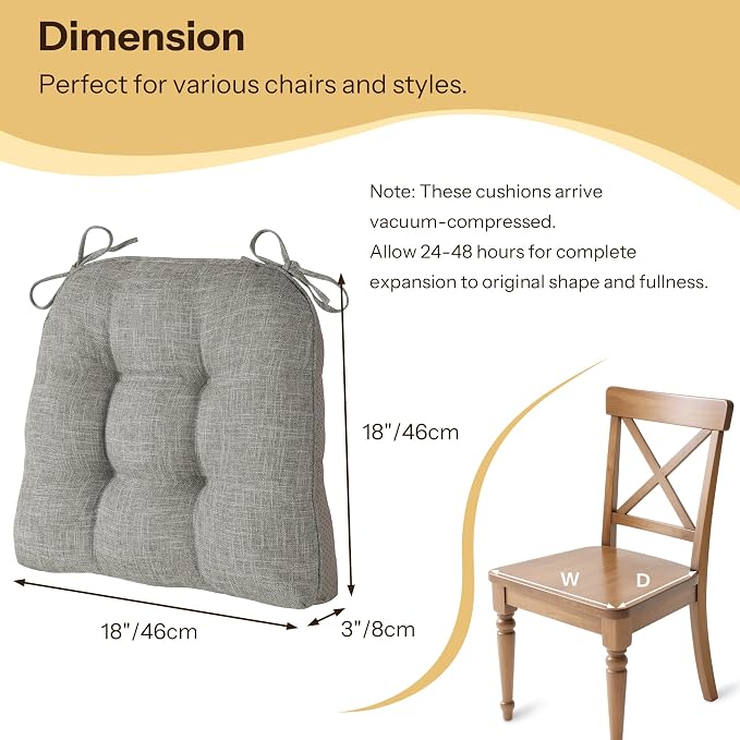 Chair Cushions for Dining Chairs Set of 4, 18"x18"x3", Light Grey | Non-Slip with Ties, Tufted, Faux Linen, Seat Cushions for Dining Room Kitchen Breakfast Nook Indoor Home Office Living Room - Image 3