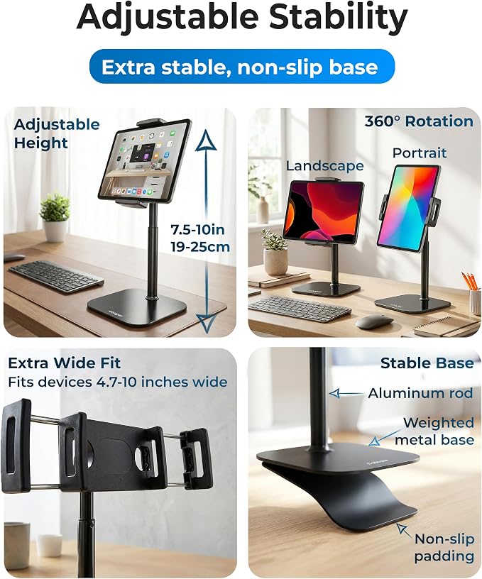 COOPER TabStand Mini 10" Tablet Stand, iPad Stand for Desk, Tablet Mount | 7.5-10" Adjustable, Weighted Base, Strong Grip, Portable Monitor Holder, Tripod iPad Holder; Fits Samsung, Kindle, iPad Pro - Image 4