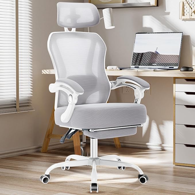 Ergonomic Office Chair with Footrest,Ultra Thick Desk Chair,Grey | 150°Reclining,Mesh High Back,Adjustable 2D Lumbar Support and Headrest,4.8" Spring Cushion,Premium Computer Chair for Adults by TUKAKA