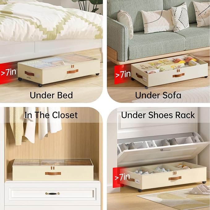 Yecaye Under Bed Storage with Wheels, 4 Pack Under Bed Storage Containers with Adjustable Dividers & Clear Window, Rolling Underbed Organizer Bins Drawers for Clothes, Shoes, Blankets, Beige - Image 7