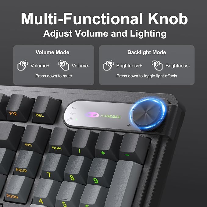 MageGee GK960 Wireless Keyboard, 98 Keys Tri-Mode BT/2.4G/Wired Membrane Gaming Keyboard, RGB Creamy Keyboard with Number Pad, Knob Control, Side Printed Keycaps, 4000mAh Battery - Black & Gray - Image 4