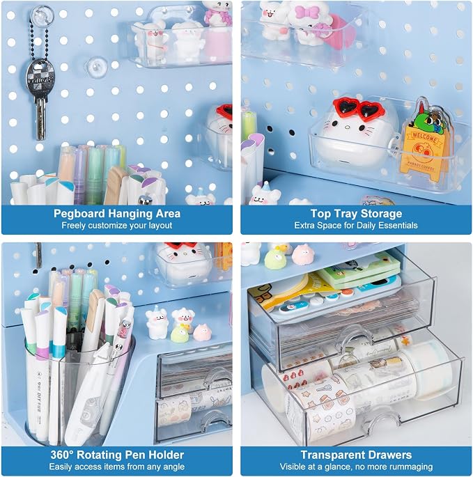 Comix Desk Organizer with 2 Drawer, Blue 360° Rotating Pen Holder for Desk | Desk Organizers and Accessories with 5 Slots Pencil Holder+Pegboard+Drawer, Pen Organizer for Home School Art Office Supplies - Image 4