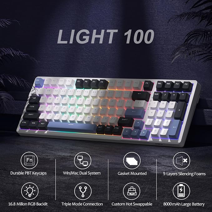 MageGee LIGHT100 Wireless Creamy Keyboard, Gasket Structure Hot Swappable, Tri-Mode 2.4G/USB-C/BT5.0 RGB Backlit Mechanical Gaming Keyboard for Win/Mac/PC, PBT Keycap, 4000mAh Battery, Blue - Image 3
