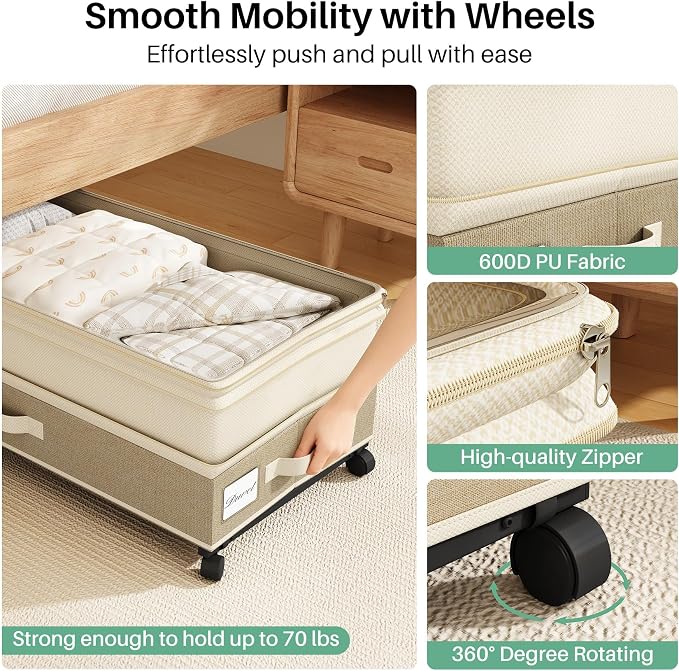 Kitstorack 2Pack Height-adjustable Under Bed Storage with Wheels, Under Bed Storage Containers,Under Bed Shoe Storage Organizer with Clear Window&Label, Suitable for Clothes Storage, Beige & Linen - Image 4