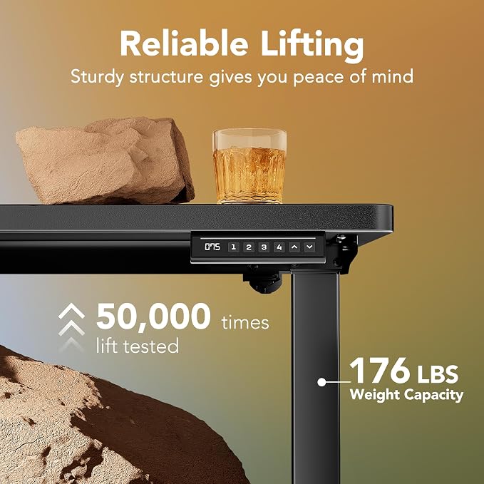 HUANUO 55x28 Inch Electric Standing Desk, Height Adjustable, Black | 176 Lbs Capacity, Smooth Home Office Desk, 4 Memory Presets & Headphone Hooks, 28.3–46.5 Inch Height Range, Easy to assemble - Image 4