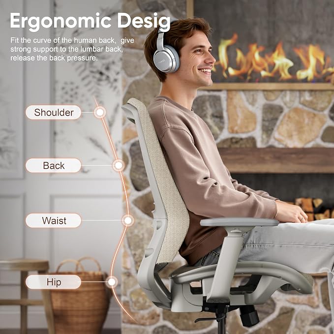Mesh Office Chair,Ergonomic Computer Desk Chair,Sturdy Task Chair- Adjustable Lumbar Support & Armrests,Tilt Function,Comfort Wide Seat,Swivel Home Office Chair (Beige) - Image 6