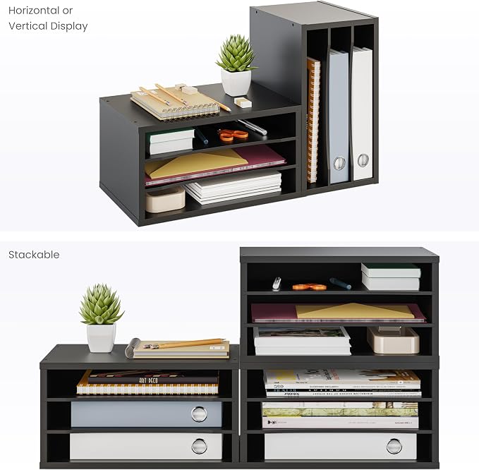 Ballucci File Organizer, 3-Tier Document Paper Sorter, Stackable Wood Desk Organizer, Mail Sorter and Monitor Stand with Storage Shelves, Black - Image 5