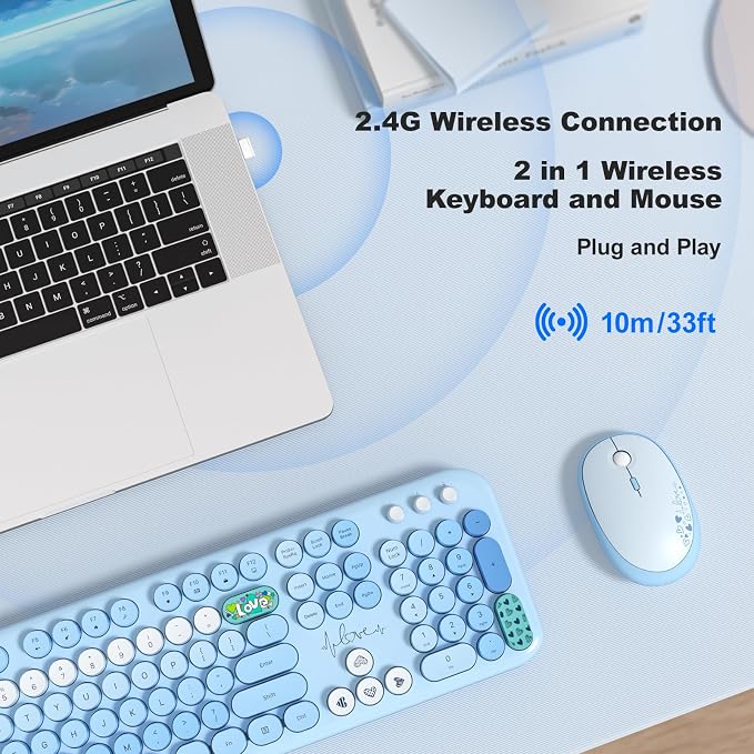 MOFII Wireless Keyboard and Mouse Combo, Cute Retro Typewriter Keyboard and Silent Mouse, 2.4GHz Full Size Computer Keyboard Wireless Mouse Set for PC, Laptop, Desktop, Windows (Blue Colorful) - Image 2