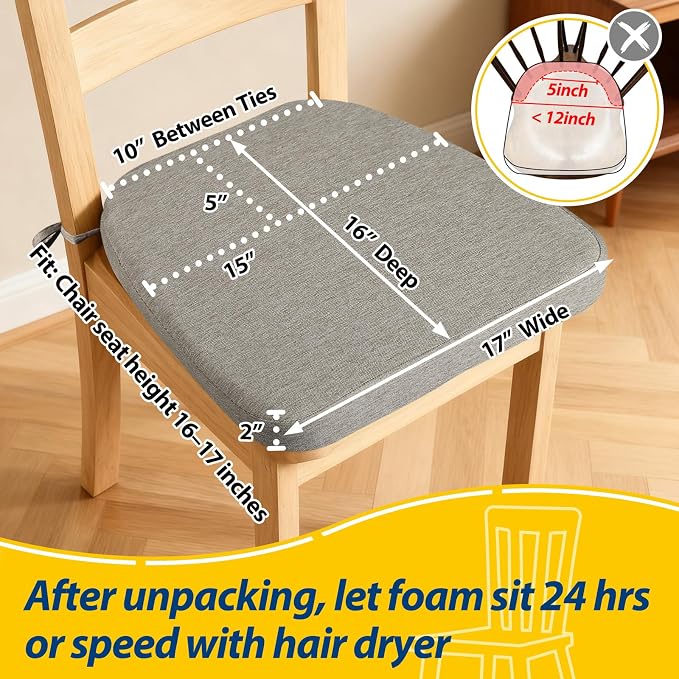 AAAAAcessories D-Shaped Chair Cushions, 2" Thick Dining Chair Pads with Ties and Removable, Machine-Washable Cover, 17" x 16", Set of 4, Khaki Gray - Image 2