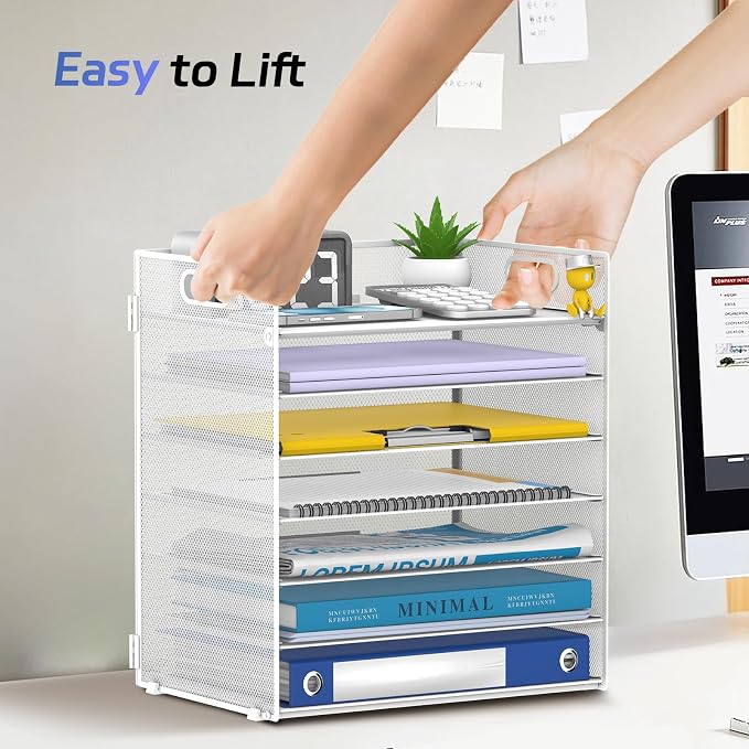 7 Tier Paper Organizer for Desk with Letter Trays & Handle White | Black Desk File Organizer with Handle for Sorting Papers, Files, Folders, Mail, Bills and Office Supplies - Image 6