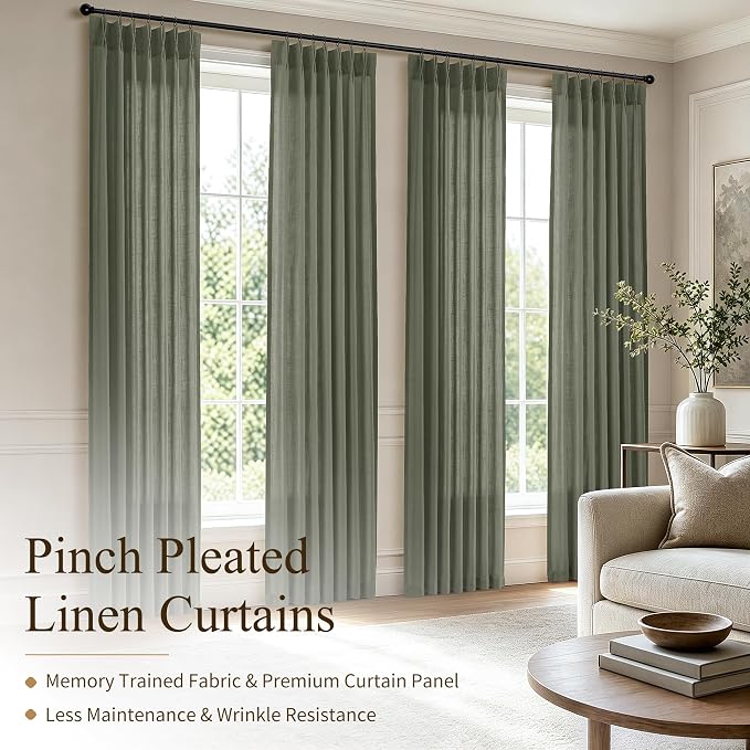 Hokibero Olive Green Pleated Linen Curtains 90 Inch Long for Living Room | Light Filtering Sheer Curtain,Pinch Pleat Back Tab Hooks Rings,Farmhouse Textured Privacy Drapes for Bedroom Window,2 Panels - Image 2