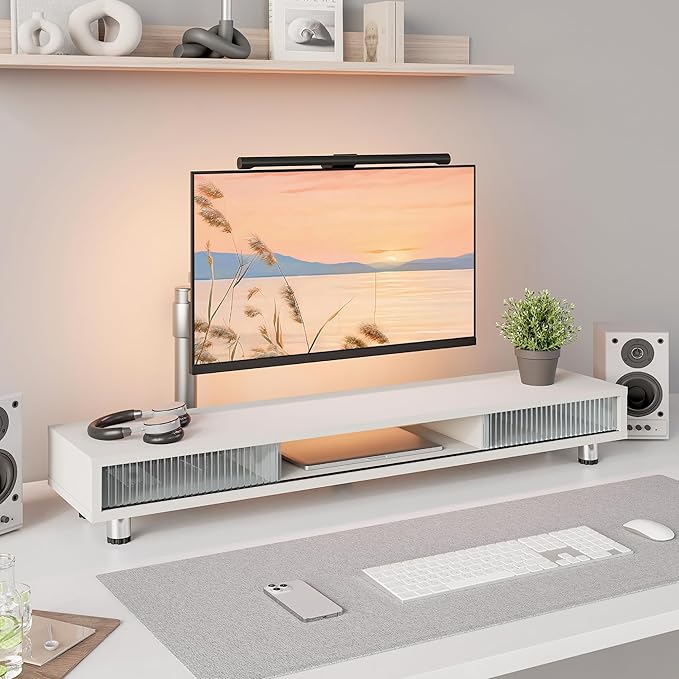 Fenge Dual Monitor Stand with Storage, Desk Shelf with Glass Sliding Door | Ergonomic Height Adjustment, 42.5in Monitor Shelf, 2-Tier Monitor Riser, Desk Organizer for Screen, PC, Laptop, White - Image 2