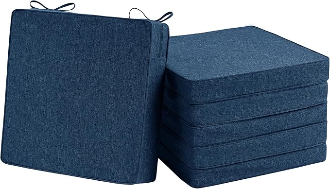 Outdoor Chair Cushions, Chair Pads, Set of 6, 17 x 16 in, Navy Blue | Water-Resistant & Fade-Resistant, Patio Seat Replacement, Removable Cover with Zipper, Non-Slip Bottom with Straps by Unknown