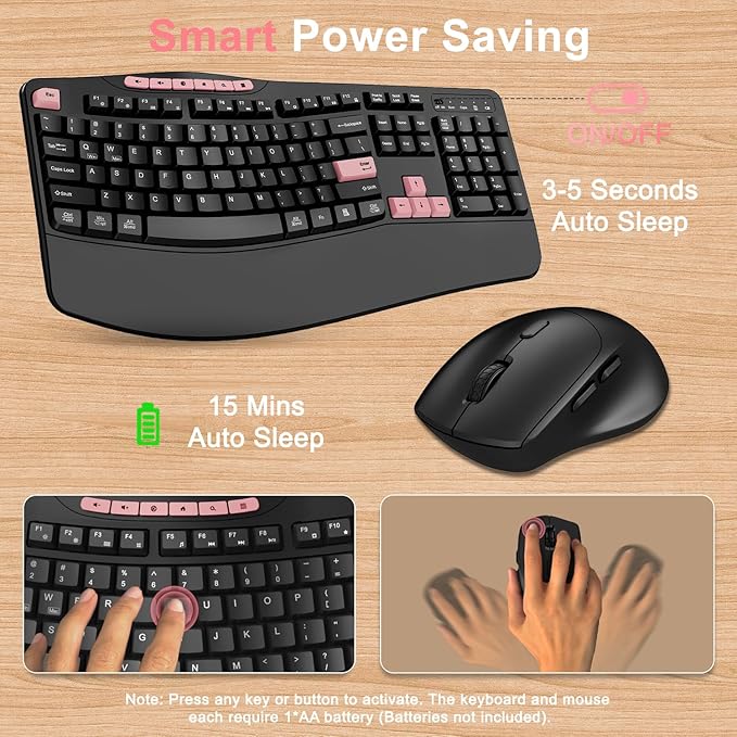 Wireless Keyboard and Mouse Combo, 2.4G Ergonomic Wave Keys(Pink-B) | Full Size Keyboard with 6 Multimedia Keys, Ergonomic Keyboard with Wrist Rest, 3-Level DPI Silent Mouse for Windows/Laptop/PC - Image 5