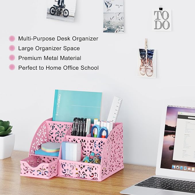 EasyPAG Desk Organizer and Pen Holder for Desk, Mesh Office Supplies Storage Caddy with Drawer for Small Space, Desktop Organizer for Home Office, Pink - Image 2