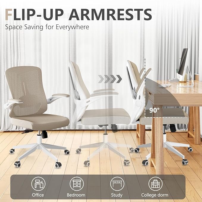 Ergonomic Office Chair with Lumbar Support, High Back Mesh Desk Chair with Flip-Up Arms, Adjustable Computer Task Chair, Khaki - Image 7