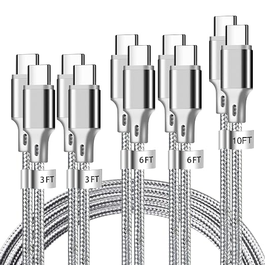 USB C to USB C Cable, 5 Pack Type C Fast Charger Cord (Gray) | 3/3/6/6/10ft Nylon Braided Data Transfer Wire for iPhone 17/16/15 Plus/Pro Max iPad Air Ps5 Controller Samsung Galaxy by CUGUNU