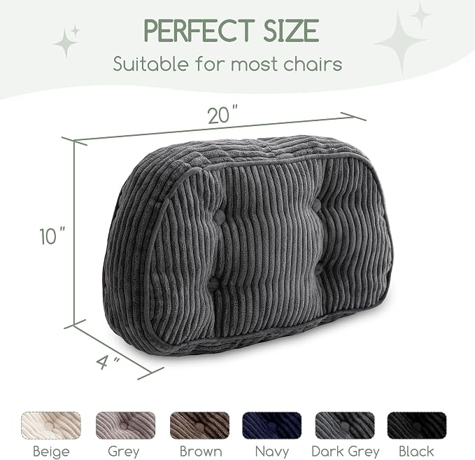 HIGOGOGO Lumbar Support Pillow for Recliner Chair/Accent Chair/Couch/Office Chair, Tufted Corduroy Back Support Cushion for Elderly, Recliner Cushions for Back Rest, Pain Relief, Reading, Dark Grey - Image 3