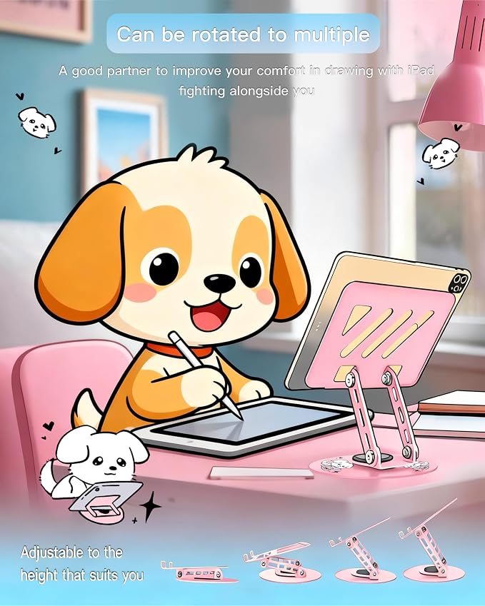 Upgraded 360°Rotating Tablet Stand with Foldable Base - Cute Dog Pattern,Universal for 7-13" Devices (iPad,iPhone,Tablet,Phone) - Ideal for Desk Work,Office,Travel,Home & Painting - Image 2