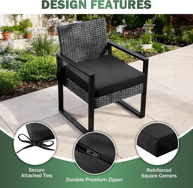 Outdoor Chair Cushions Set of 2, 19x19x3 Inch Waterproof & Fade Resistant Patio Furniture Seat Cushions with Ties, Square Outdoor Dining Chair Cushions for Lawn, Garden, Deck & Yard, Black - Image 4