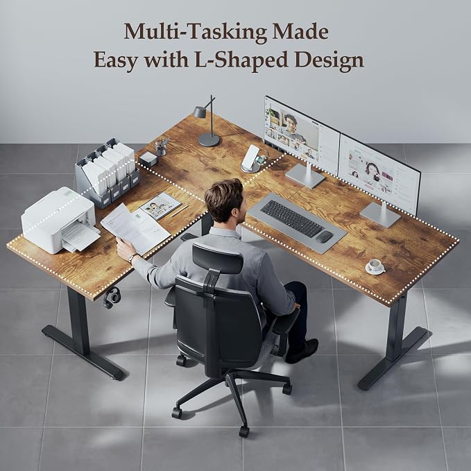 Klicelor L Shaped Standing Desk 63 x 55.1 Inch Dual Motors, Electric Height Adjustable Corner Desk for Home Office Workstation, Ergonomic Sit Stand Computer Table with Memory Controller, Rustic Brown - Image 4