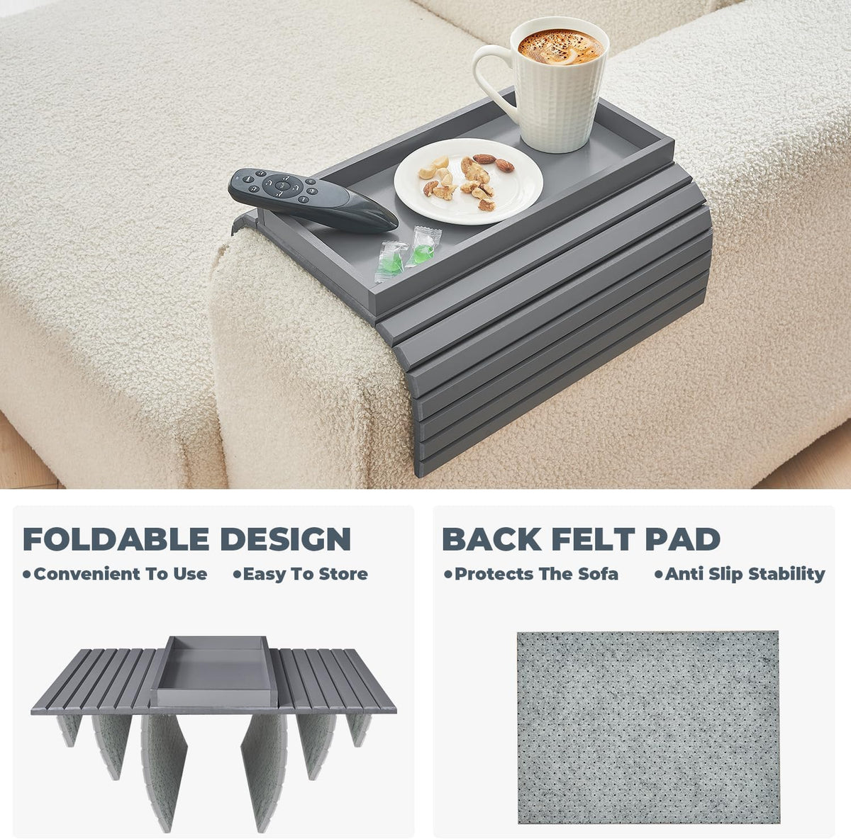 Bamboo Sofa Arm Tray, Anti Falling Couch Arm Tray Table, Foldable Couch Armrest Table, Portable Sofa Armrest Trays Cup Holder for Drink, Cups, Phone, Snacks, Remote - Image 4