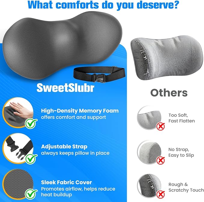 SweetSlubr Lumbar Support Pillow for Office Chair, Back Support, Gray | Memory Foam with Breathable Cover. Adjustable Strap Fits Office, Gaming & Car Chairs for Everyday Comfort. - Image 5