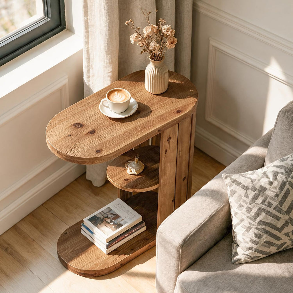 Solid Wood Side Table, C-Shaped Small End Table with Storage - Image 5