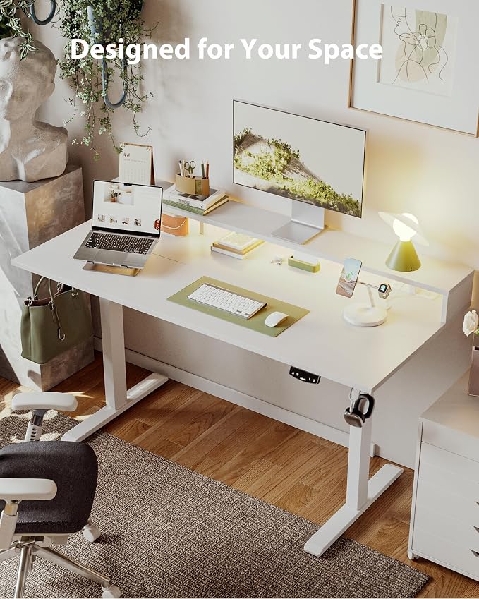 Agilestic 63 * 24 Inch Electric Standing Desk with Shelf & Led, White | Electric Height Adjustable, Outlets&Led, Monitor Stand, Sturdy Steel Frame, Memory Presets, Hooks, 154 lbs, Splice Board - Image 3