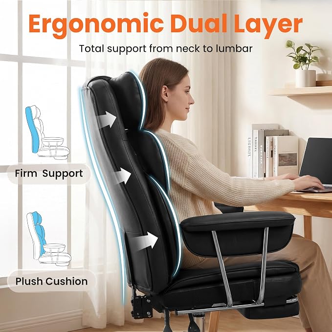 NEO CHAIR Big & Tall Leather Office Chair, High Back, Lumbar Support, Black | Gaming Chair for Adults and Computer Use, Reclining Office Chair with Foot Rest, Massage, Comfy Design and Heavy Duty Support - Image 5