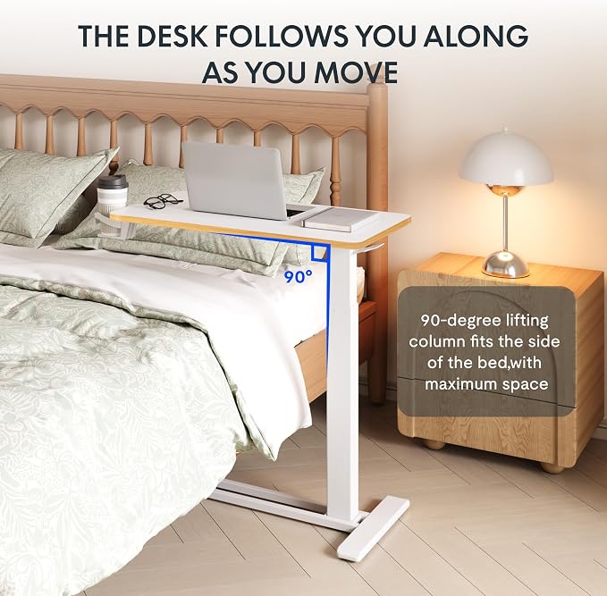 FLEXISPOT H7 28" Pneumatic Height-Adjustable Overbed Table with Wheels | C-shaped bedside table TV Tray,Medical End Side Table,Laptop desk for Hospital Home office use,27.6"Wx15.7"D,White Maple - Image 3