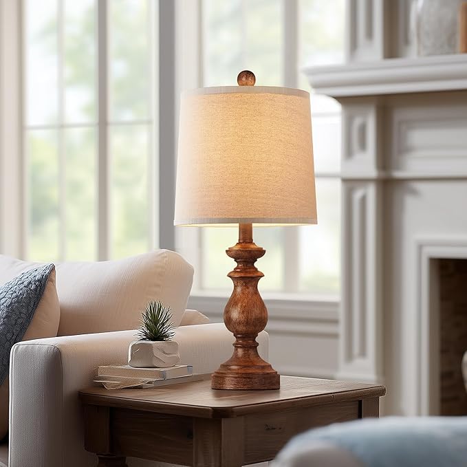 Traditional Table Lamp Set of 2, Rustic Farmhouse Table Lamps for Living Room Bedroom, 22" Bedside Desk Lamps Vintage Nightstand Lamps with Linen Shades, Wood Grain - Image 6