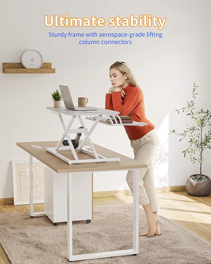 YIHAYO Electric Standing Desk Converter 32 inch, Sit to Stand Up Height Adjustable Desk Riser, Quick Sit to Stand Tabletop Dual Monitor Riser Workstation for Home Office with Keyboard Tray, White - Image 4