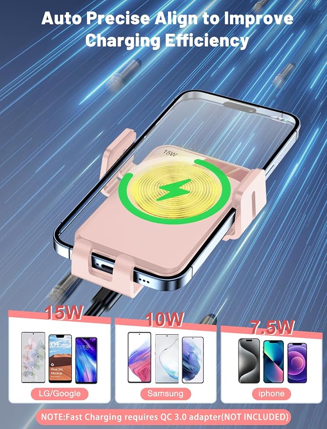 Wireless Car Charger Auto-Clamping Air Vent Car Mount 15W Fast Charging | Car Phone Holder Compatible for iPhone 17/16/15/14/13/13 Pro/12 Pro Max/12 pro/12/11/10, Samsung Galaxy Series Pink - Image 2