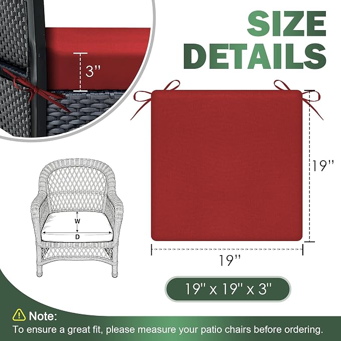 Outdoor Chair Cushions Set of 2, 19x19x3 Inch Waterproof & Fade Resistant Patio Furniture Seat Cushions with Ties, Square Outdoor Dining Chair Cushions for Lawn, Garden, Deck & Yard, Burgundy - Image 2