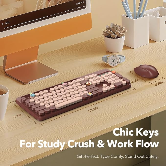 Wireless Keyboard and Mouse Combo, Retro Round Keycaps, Full-Size Cute Typewriter Keyboard with Large Phone/Tablet Holder, Auto-Sleep, 2.4GHz Cordless Connection for Windows/PC/Laptop (Wine Red) - Image 8